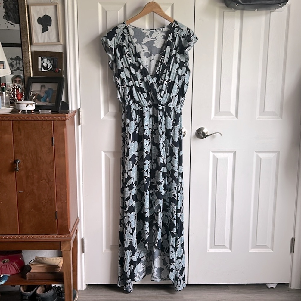 blue floral ruffle open front coastal beachy minimalist asymmetrical maxi dress